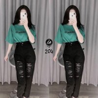 Quần baggy jean nữ, quần jean đen rách gối tua rua siêu chất Lê Huy Fashion MS 204