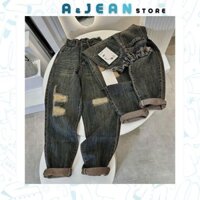 Quần baggy jean nữ rách gối viền sọc đắp họa tiết | AJEAN STORE