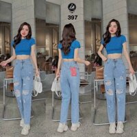 Quần baggy jean nữ rách te tua 2 bên gối Lê Huy Fashion MS 397