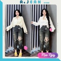 Quần baggy jean nữ rách toe gối lưng thun, quần bò lưng cao | LN | A&JEAN STORE