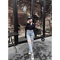 Quần baggy jean nữ rách tua rua 2 gối có miếng vá to trên lai lưng cao Kim Anh Jeans Ms 290