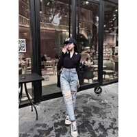Quần baggy jean nữ rách tua rua 2 gối  có miếng vá to trên lai lưng cao siêu chất Lê Huy Fashion MS 290