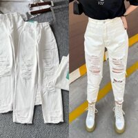 Quần baggy jean trắng rách cá tính, Quần bò nữ cạp cao
