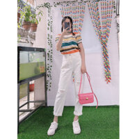 Quần baggy jean trắng rách gối, Quần bò nữ cạp cao chất jean dày mềm không khăn không lộ