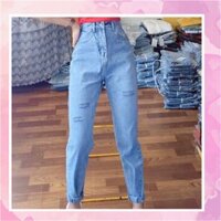 Quần Baggy Jean Xanh Nhạt Rách 3 Đường - Lưng Cao - Form Thường Big Size  - Không Co giãn