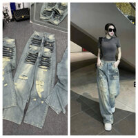 Quần Baggy Jeans Lưng Cao Nữ Ống Rộng Rách Vệt Đen Cá Tính