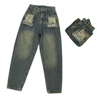 Quần baggy jeans nữ lưng cao 2 túi vuông hộp rách lộ túi chữ kaka màu xanh phủ vàng lai cuốn tôn dáng