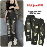 Quần baggy jeans nữ lưng cao rách màu đen xám ánh trắng, quần dài 95cm, chất jean cotton không giản 3394-daisy jean