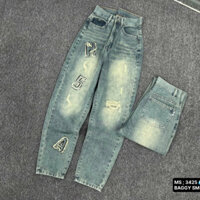Quần Baggy Jeans Nữ Lưng Cao Rách Gối may chữ
