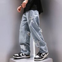 QUẦN BAGGY JEANS ỐNG RỘNG THÊU THÁNH GIÁ FORM UNISEX NAM NỮ (hình chụp thật) - Hàng mới về