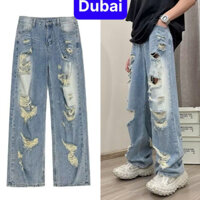 QUẦN BAGGY JEANS ỐNG RỘNG XANH BLUE LIGHT SIÊU RÁCH CÁ TÍNH UNISEX NAM NỮ PHONG CÁCH SÀNH ĐIÊU - DUBAI FASHION