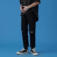 QUẦN BAGGY JEANS ỐNG SUÔNG RÁCH GỐI UNISEX NAM NỮ (kèm ảnh thật)
