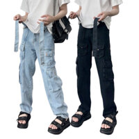 QUẦN BAGGY JEANS TÚI HỘP 4T PHỐI DÂY FORM UNISEX NAM NỮ (hình chụp thật)