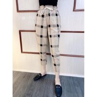 Quần baggy nữ chất đũi thoáng mát kẻ sọc caro cạp chun xuất Hàn Quốc Q555 - Vàng nhạt,2XL<65kg
