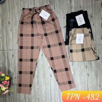Quần baggy nữ chất đũi thoáng mát kẻ sọc caro cạp chun xuất Hàn Quốc Q555 - Hồng đất,S<45kg