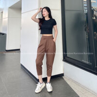 Quần baggy nữ chất vải Umi co giãn 4 chiều không nhăn, quần thụng lưng cao cạp chun dáng ngắn ống bó, có túi trước