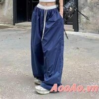 Quần Baggy Nữ Dây Rút Thắt Lưng Rời Màu Sắc Tương Phản Quần Ống Rộng