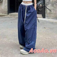 Quần Baggy Nữ Dây Rút Thắt Lưng Rời Màu Sắc Tương Phản Quần Ống Rộng