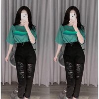 Quần baggy nữ đen rách 2 gối, cạp cao siêu hách dáng cá tính Pants Nữ mã 458