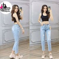 Quần Baggy Nữ Jeans Rách Tua Lai Bo Chun Cao Cấp Thời Trang