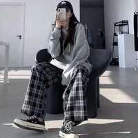 Quần baggy nữ nam unisex tây vải kaki SỌC CARO ống suông đen công sở đi học lưng cao ulzzang hàn quốc dây rút đẹp - ĐEN -TRẮNG,M40-55kg,1m45-1m65