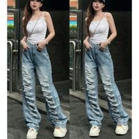 Quần baggy nữ ống rộng lưng cao Wash rách tua cá tính, Quần jean ống suông rách kiểu xanh Đậm TH0342