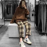 Quần baggy nữ unisex vải kaki ống suông SỌC CARO đen công sở đi học lưng cao ulzzang hàn quốc dây rút đẹp thời trang Hàn - NÂU  ĐEN,M40-55kg,1m45-1m65