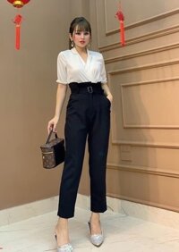 Quần baggy vải cạp cao kèm đai