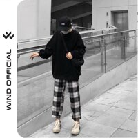 Quần baggy Wind ống suông unisex Caro ống rộng nam nữ ullzang - Trắng Đen,XL