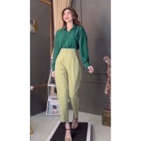 Quần bagyy thụng quần Tây nữ 2 khuy cạp liền lưng cao hách dáng