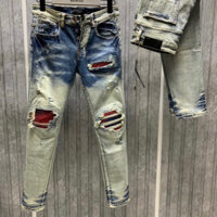 Quần Bò 4 Khuy Xanh Khói Gối Vá Phối Ống Loang Quần Jean bò nam slimfit wash xanh khói rách xước chuẩn " ảnh thật 100%"