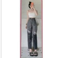 Quần bò baggy màu loang xám khói,Quần jean ống đứng rách gối lưng cao - Hàng mới về