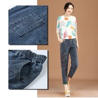 Quần bò baggy nữ cạp thun, quần jeans nữ thêu hoa cao cấp QS39