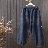 Quần bò co giãn thêu cổ điển quần dài 9 tấc Harem rộng rãi thêu hoa cỡ lớn mẫu mới mùa thu cạp cao cho nữ