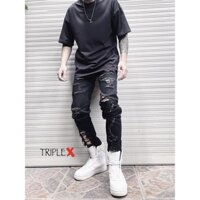 Quần bò đen mài rách cá tính 04 / Set quần áo phụ kiện