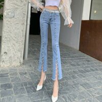 Quần bò đính ngọc Cạp cao ống loe xẻ tà không kèm đai