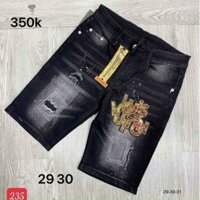 quần bò jean nam ngắn ngố đen thêu logo, quần short nam rách khóa lệch.