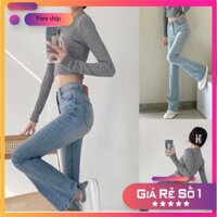 Quần bò jean nữ ống loe đứng rộng suông co giãn jeans cạp cao cao cấp màu xanh, hàng loại 1