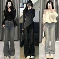 Quần bò jean nữ ống loe đứng co giãn 4 chiều jeans cạp cao cao cấp Hottrend