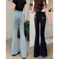 Quần bò jean nữ ống loe  đứng co giãn thêu nơ jeans cạp cao phong cách style