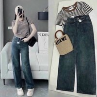 Quần bò jean nữ ống loe đứng baggy rộng suông xuông rin jeans cạp cao cao cấp Hottrend 2025