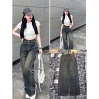 Quần Bò Jeans Nữ Ống Rộng Dáng Suông Phối Viền Cạp Cao Mix Túi 2 Bên Hách Dáng Phong Cách Retro