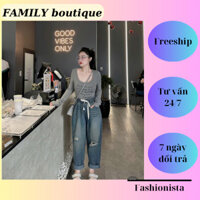 Quần Bò kiểu dáng baggy cạp chun co giãn phối dây rút thoải mái, quần Jeans nữ cạp cao rách gối cá tính