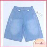 Quần bò lửng cho bé 2-7 tuổi đính cúc và kim sa, Quần jean bé gái ống rộng vải bò giấy nhẹ mềm thoáng mát