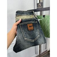 Quần bò nam BoBoMen quần jean màu xanh đen mài ánh vàng xước nhẹ gấu và lưng quần in chữ độc đáo