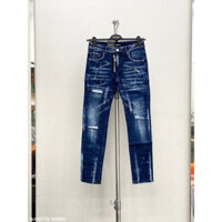 Quần bò nam Dsq2 Xanh Rách gối dáng slimfit xước vẩy sơn - Quần jean nam khoá lệch dập nhăn phối màu hàng đẹp