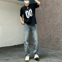 Quần bò nam mài xước hack dáng cạp cao, quần jean nam ống suông tôn dáng