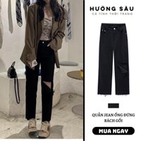 Quần bò nữ cạp cao co dãn,quần jean ống đứng màu đen RÁCH GỐI gấu tua lưng cao tôn dáng