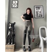 Quần Bò Nữ Co Dãn Ôm Loang - Quần Jean Cạp Cao Rách Gối Siêu Hack Dáng