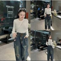 Quần Bò Nữ Jean Baggy Cạp Chun Chất Đẹp - Rách Xước Phong Cách Hàn Quốc Cá Tính Có Túi,  Dễ Phối Đồ